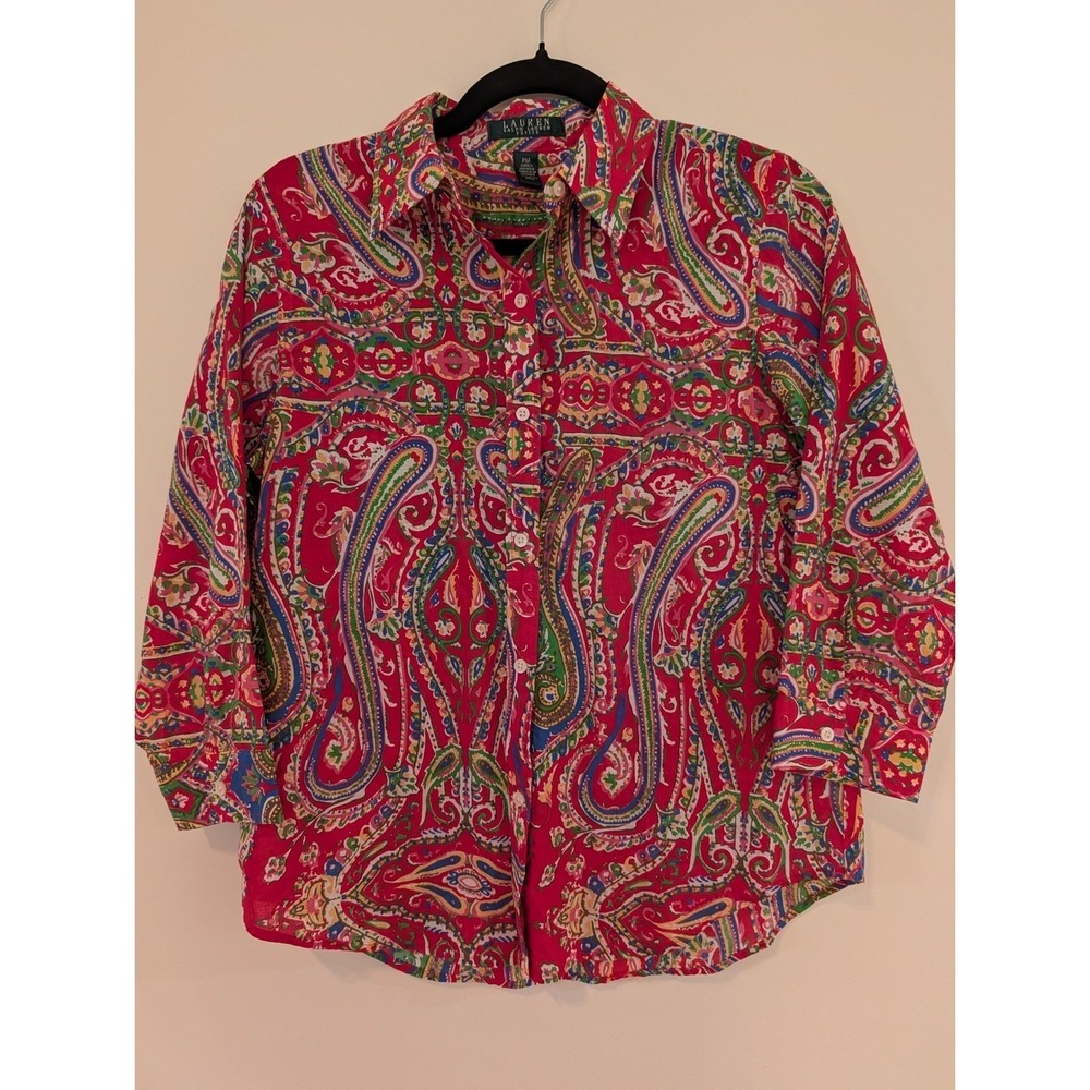Lauren Ralph Lauren Petite Red Multi Paisley Cotton Button Down Shirt PM